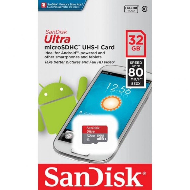 Карта памяти SanDisk Ultra Android microSDHC 32GB 80MB/s Class 10  